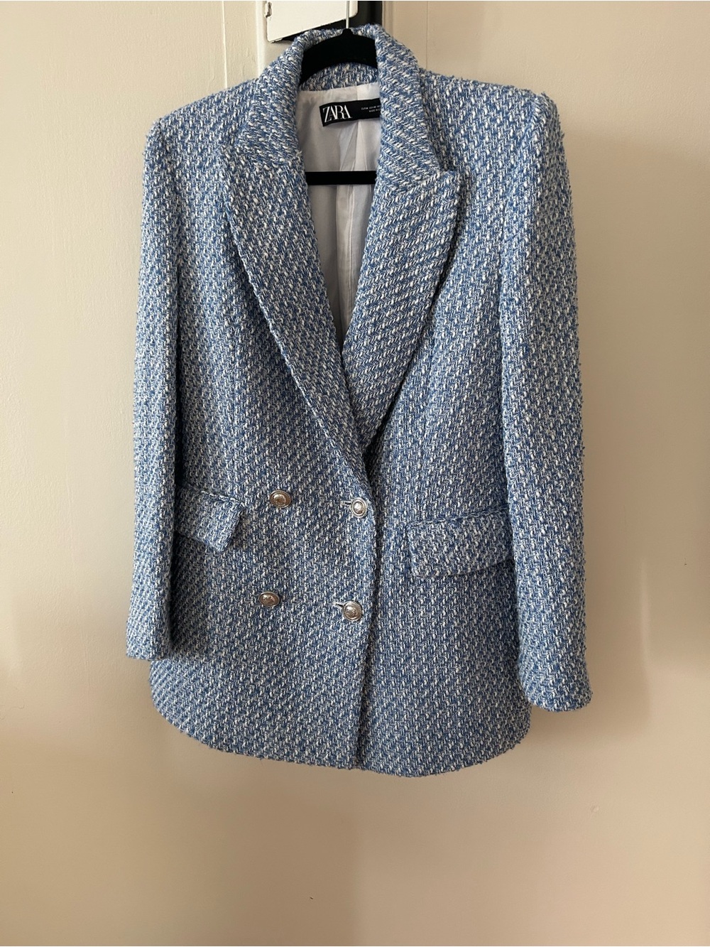 Zara Powder Blue Tweed Double-Breasted Blazer